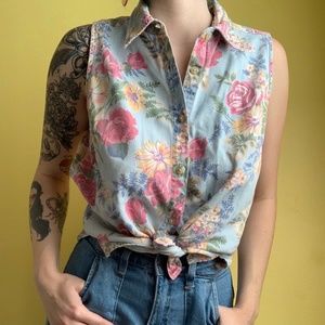 Denim Floral Collared Tank